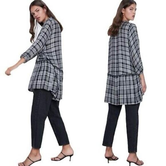 Zara Plaid Drop Waist Tunic Top Gray Black Size Small - Picture 1 of 4